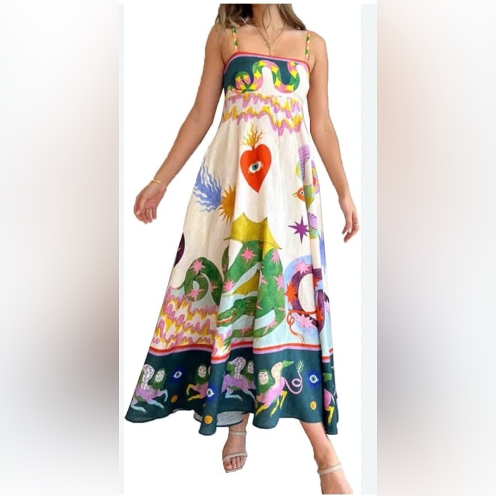 Beach Dresses for Women Vacation Spaghetti Strap NEW Medium Graphic A-Line Swing